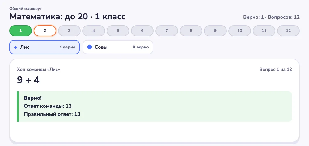 После выбора 13 доска показывает «Верно!», ответ команды 13 и правильный ответ 13. У команды «Лис» один верный ответ; первая остановка пройдена, общий маршрут перешёл ко второй.